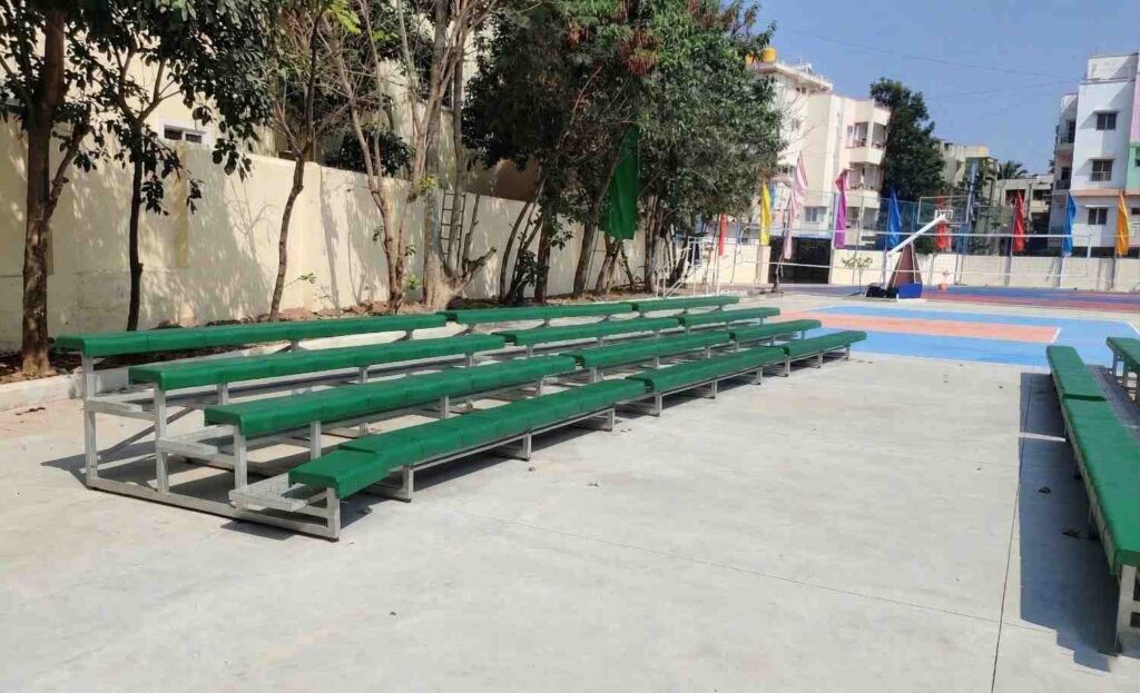 Team seating benches for players in sports stadium and dugout